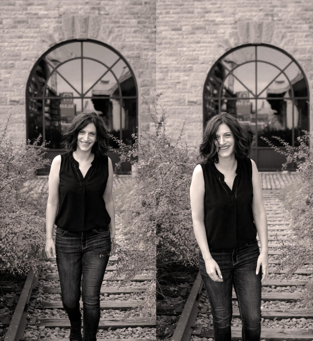 Life Coaching - Michele Two images side by side of the same woman (me) standing next to some bushes.